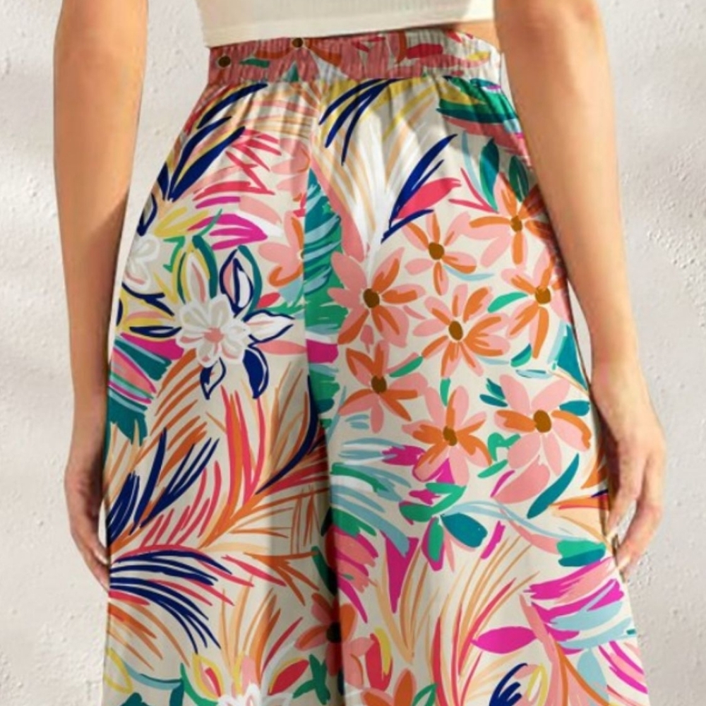 Tropical Leaf Print Wide-Leg Pants - Sherbet - Picture 2 of 4